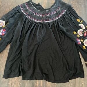 Anthropologie Black Embellished Long Sleeve Blouse with Bib Collar